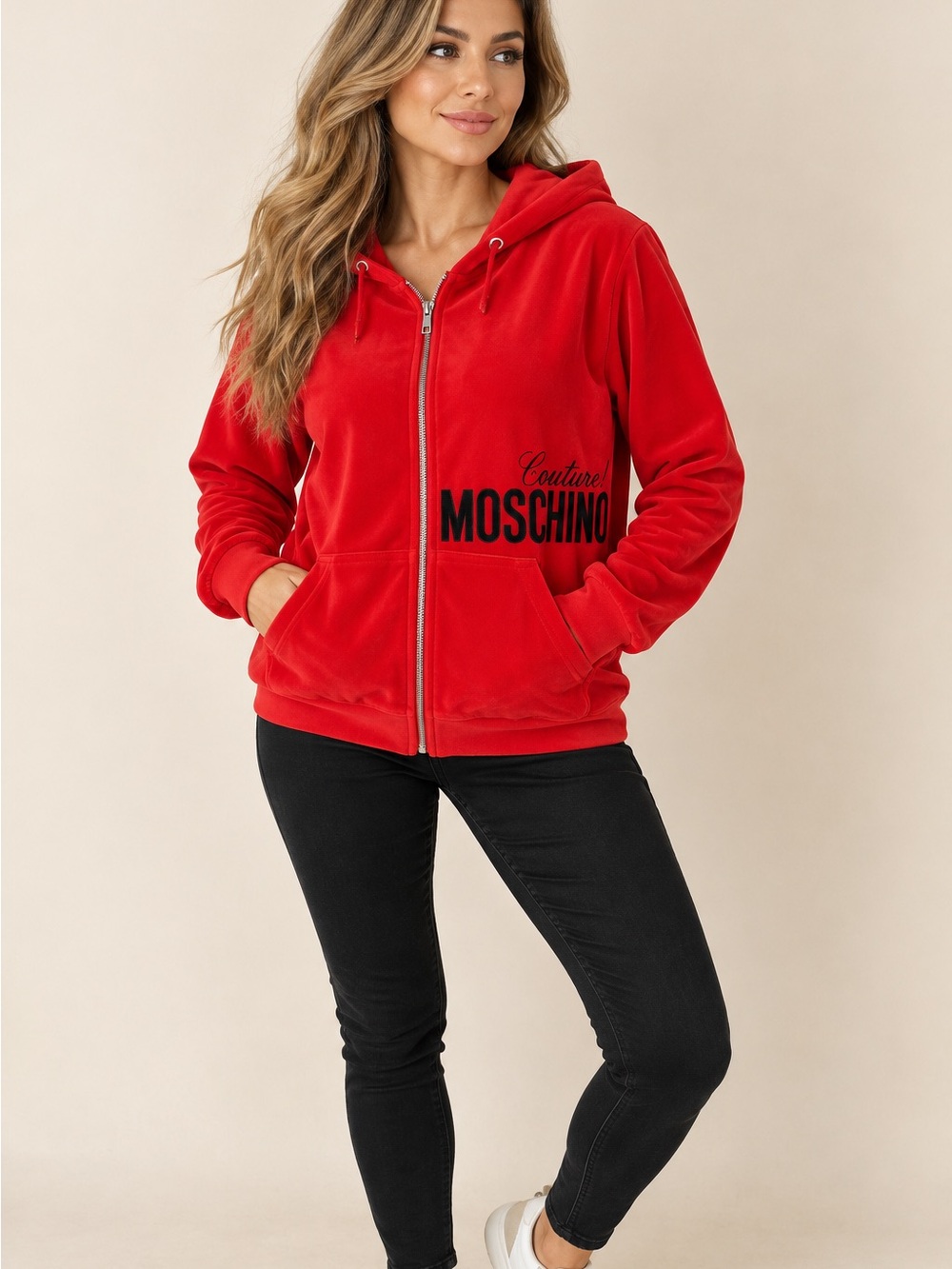 Moschino Red Velour Zip-Up Hoodie with Logo